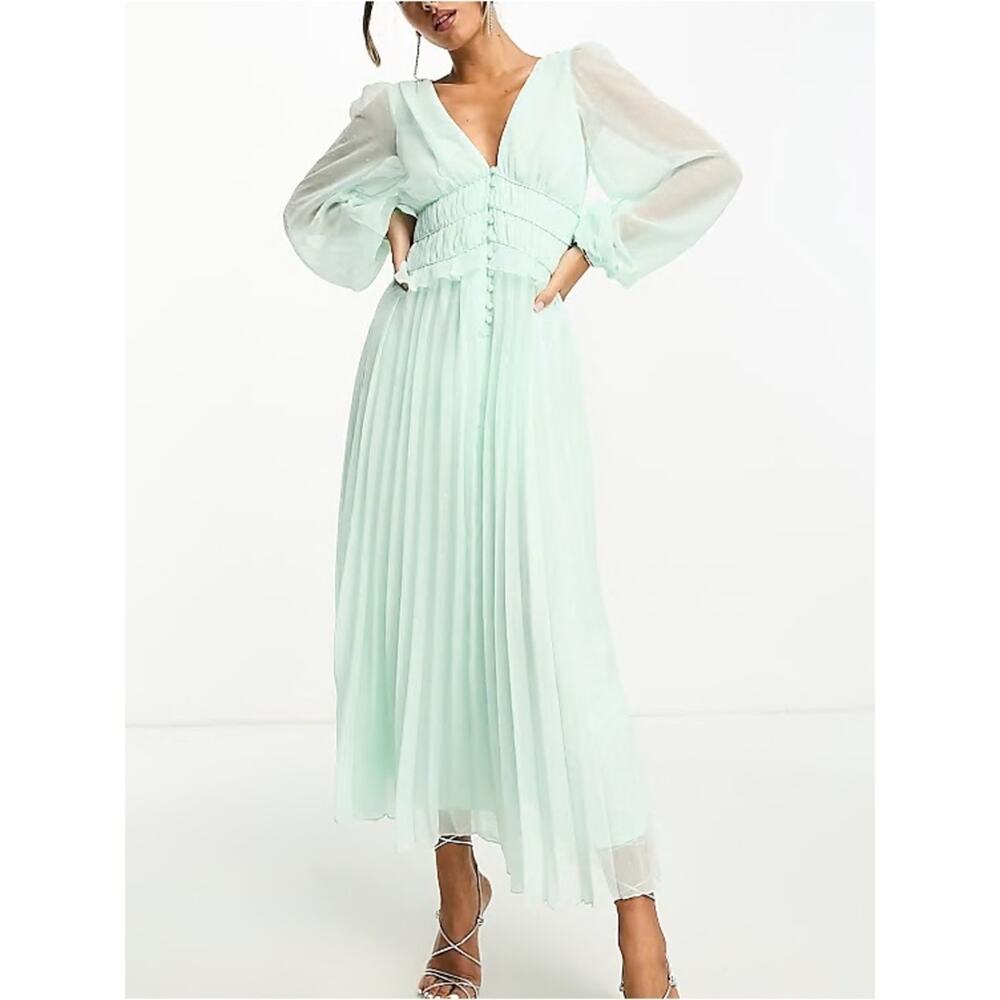 ASOS Mint Green Pleated V-Neck Midi Dress
